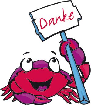 Strandkrabbe Krabbi hält ein Schild mit der Aufschrift "Danke"