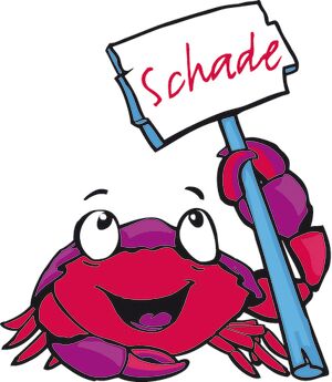 Strandkrabbe Krabbi hält ein Schild mit der Aufschrift "Schade"