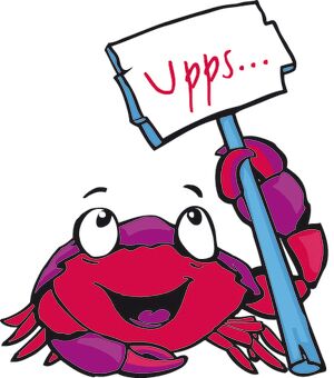 Strandkrabbe Krabbi hält ein Schild mit der Aufschrift "Upps"