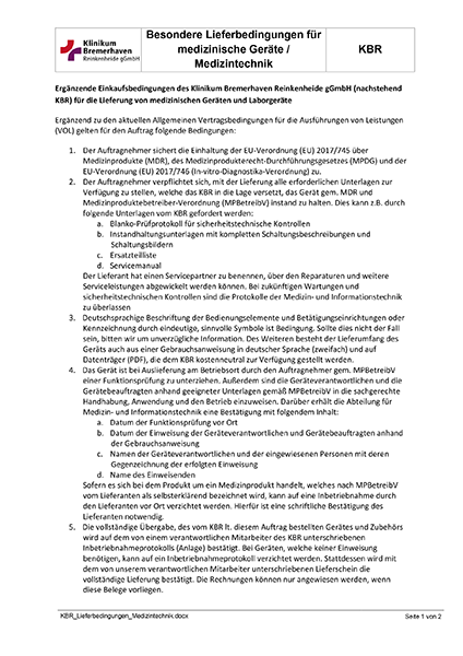 Vorschaubild des Informationsblattes zu den Lieferbedingungen für medizintechnische Geräte, verknüpt mit dem Dokument zum Herunterladen