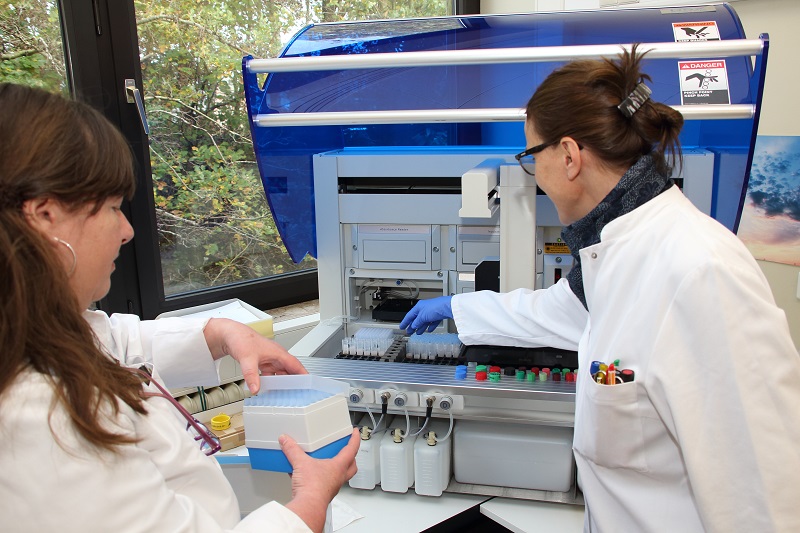 Zwei Mitarbeiterinnen des Labors bestücken einen Analysenautomat mit Proben; verlinkt zur Seite der 'Praxis für Laboratoriumsmedizin'