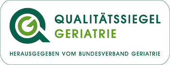 Logo: stilisiertes G innerhalb eines Q, Beschriftung: Qualitätssiegel Geriatrie. Herausgegeben vom Bundesverband Geriatrie.