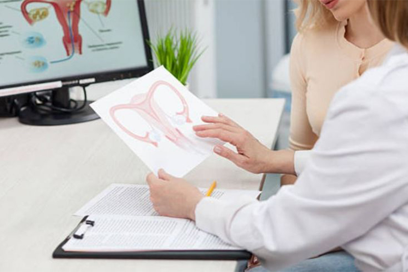 Schmuckbild: eine Gynäkologin erklärt einer Patientin etwas anhand einer Zeichnung der Gebärmutter; verlinkt zur Seite der 'Praxis für Gynäkologie und Geburtshilfe'