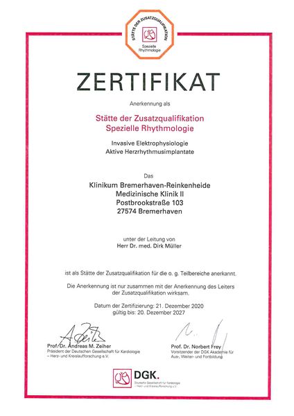 Zertifikat als Stätte der Zusatzqualifikation Spezielle Rhythmologie für die Kardiologie am Klinikum Bremerhaven-Reinkenheide