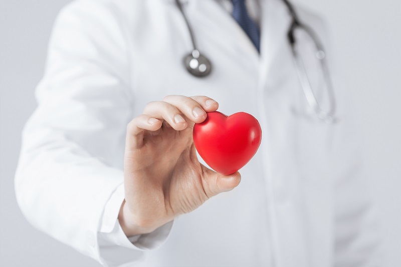 Schmuckbild: Ein Arzt hält ein kleines rotes Herz in die Kamera; verlinkt zur 'Klinik für Kardiologie'