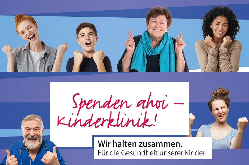 Schmuckbild zur Spendenkampagne mit sechs optimistischen Personen und dem Text: "Spenden Ahoi - Kinderklinik! Wir halten zusammen. Für die Gesundheit unserer Kinder!"