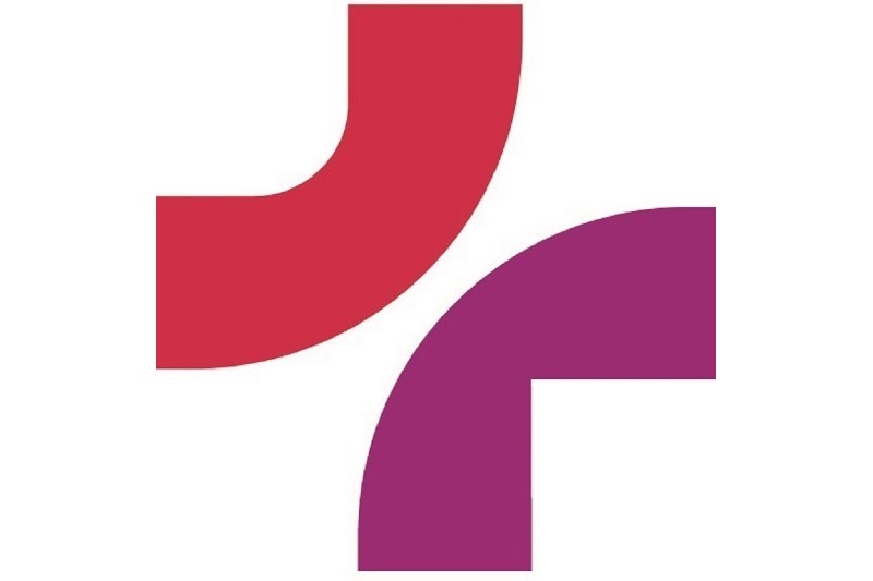 Logo des Klinikums: ein roter und ein magentafarbener Bogen, die zusammen ein Kreuz ergeben