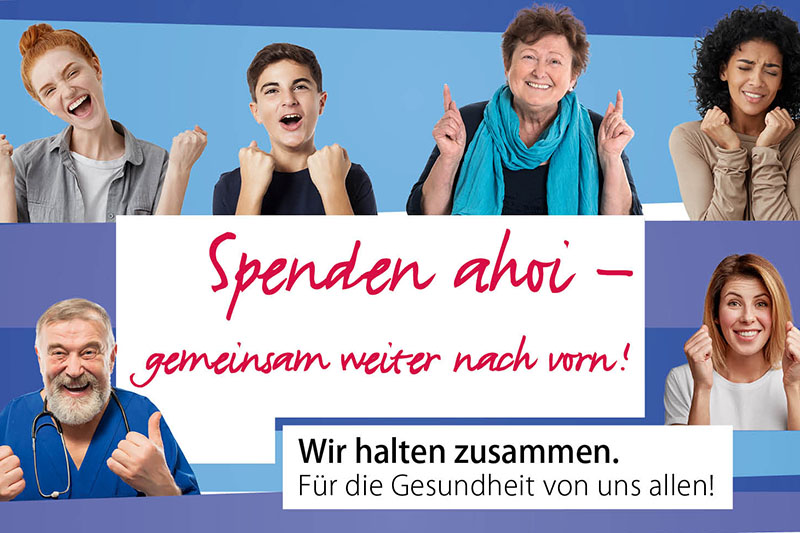 Schmuckbild zur Spendenkampagne mit sechs optimistischen Personen und dem Text: "Spenden Ahoi - gemeinsam weiter nach vorn! Wir halten zusammen. Für die Gesundheit von uns allen."