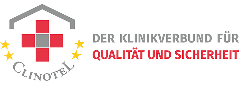 Logo von CLINOTEL mit dem Text "Der Krankenhausverbund für Qualität und Sicherheit"
