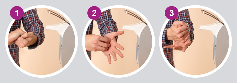 drei Bilder zur Händedesinfektion: Hände ineinanderhaken und reiben; Fingerspitzen in der anderen Handfläche reiben, Daumen mit der anderen Hand umfassen und reiben