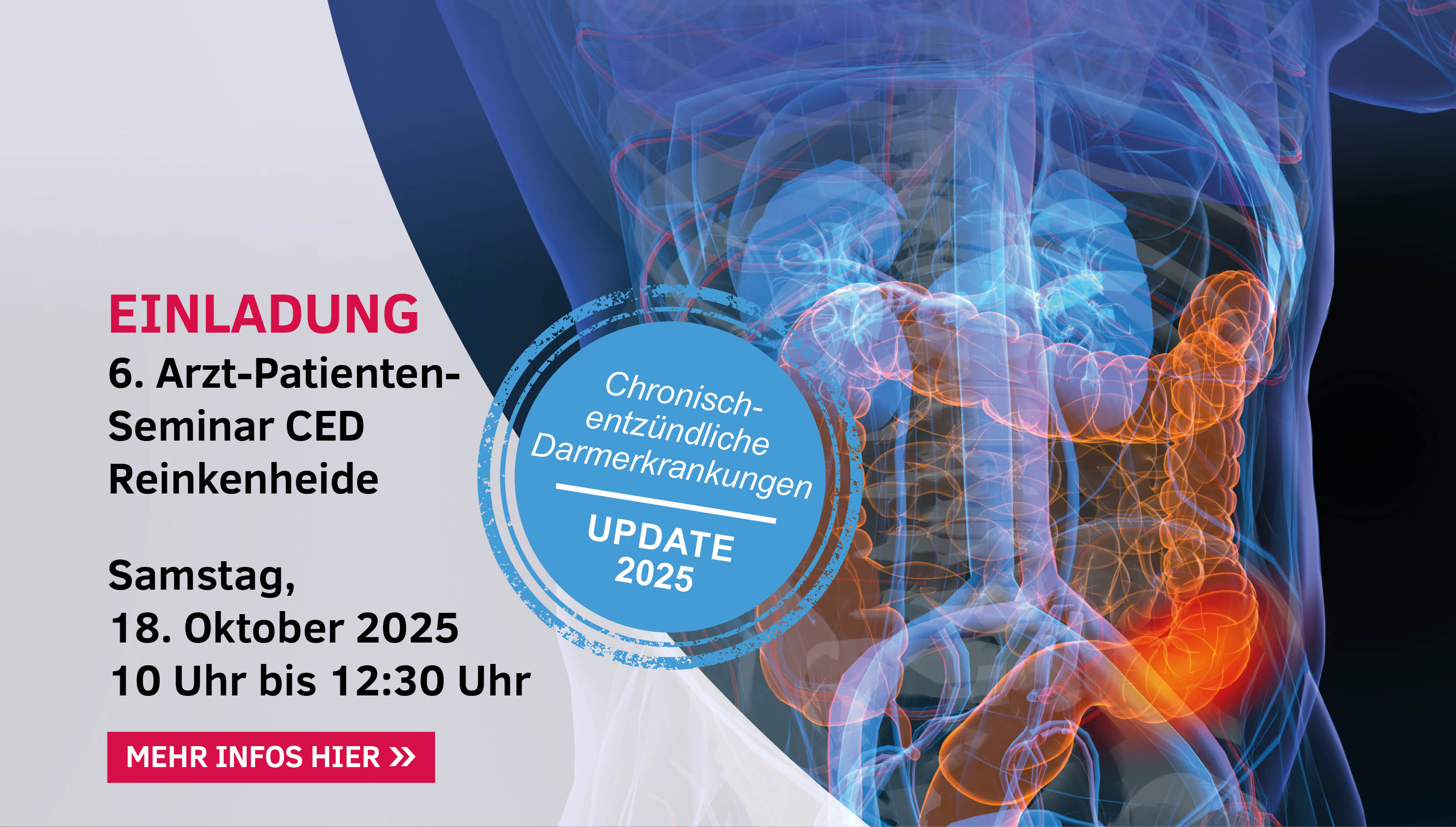 Illustration der Gedärme, Text: Einladung 6. Arzt-Patienten-Seminar CED Reinkenheide. Samstag 18.10.2025, 10 bis 12:30 Uhr. Chronisch-entzündliche Darmerkrankungen Update 2025. Mehr Infos hier.