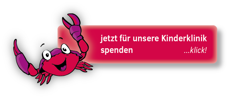 Strandkrabbe Krabbi vor einer Schaltfläche mit der Aufschrift "jetzt für Kinderklinik spenden!", verlinkt zum Spendenprojekt auf WirWunder