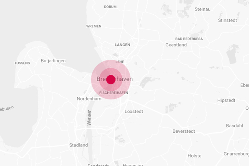 Karte vom Bremerhavener Großraum, Bremerhaven durch rote Kreise markiert; verlinkt zum Streckenplaner bei Google Maps